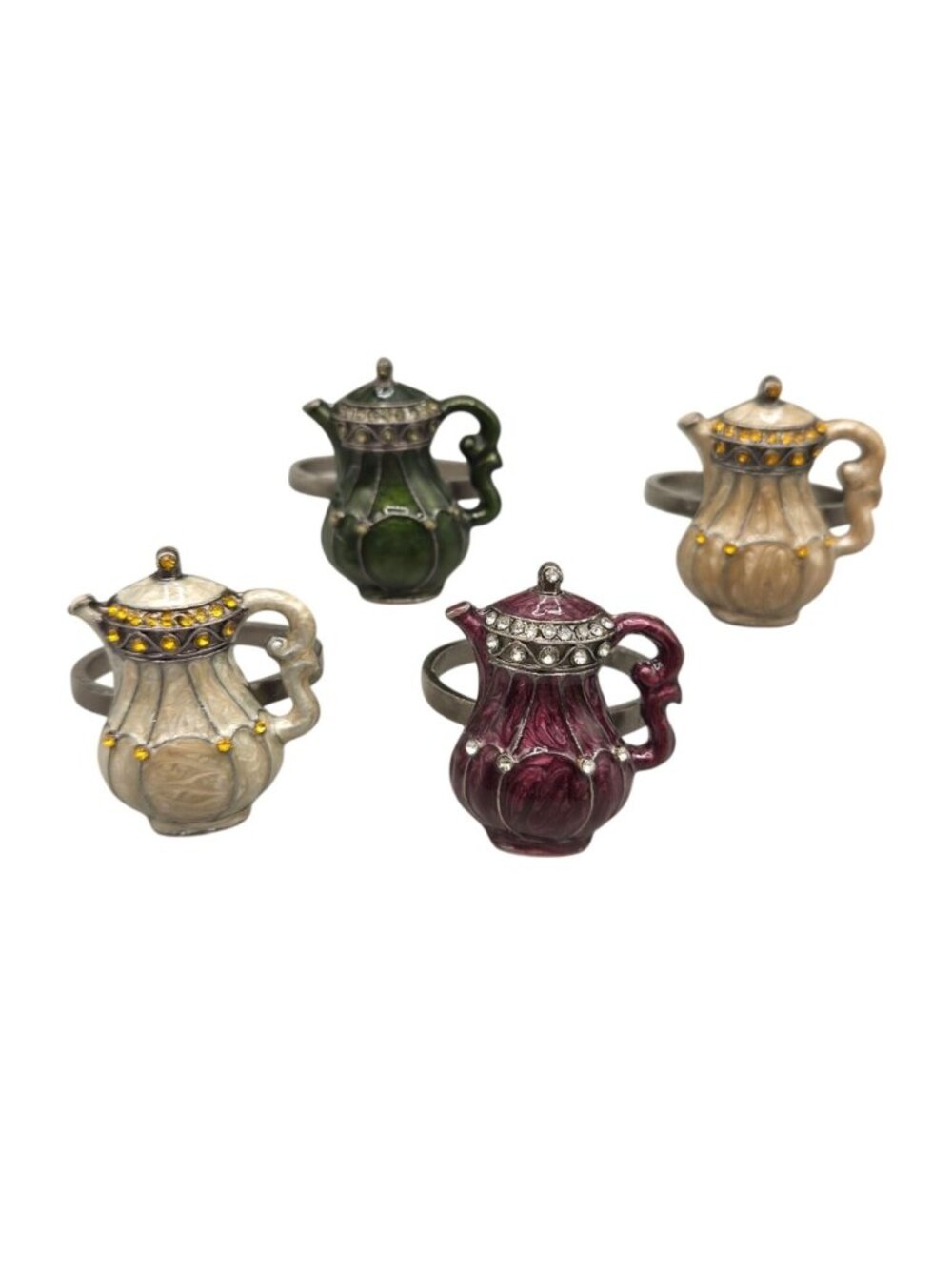 Chocolate Pot Napkin Rings Enamel Finish Rhinestone Accents Set of 4